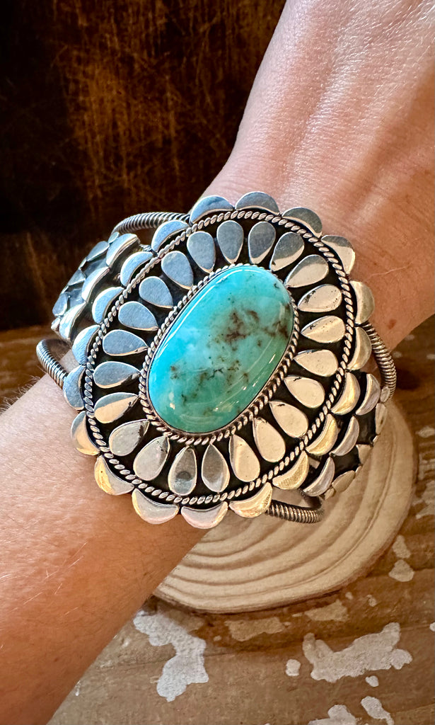 L. JAMES S/S Flower Power Navajo Turquoise Sterling Silver Cuff • 108g
