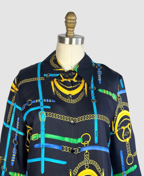 LAUREL 90s Equestrian Print Silk Blouse • Medium
