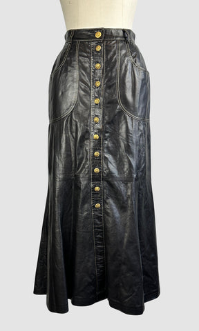 ROBERTO CAVALLI 90s Black Leather Midi Skirt • Small