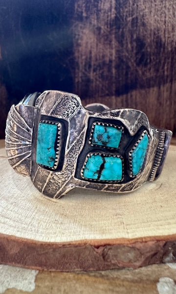 VINTAGE 70s Silver & Turquoise Mens Watch Band Bracelet• 134g