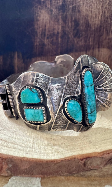 VINTAGE 70s Silver & Turquoise Mens Watch Band Bracelet• 134g
