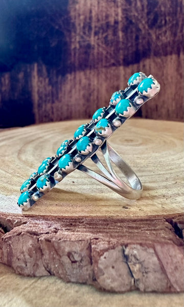 MYSTIC TURQUOISE ROWS Running Bear Sterling Silver Ring • Sizes 7.5 & 9.5