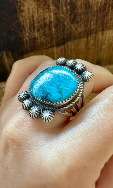 MARTHA CAYANCITO Statement Kingman Turquoise & Sterling Silver Ring • Size 8 1/2