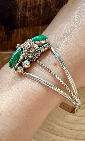 MALACHITE FLORAL GARDEN Sterling Silver Cuff • 12g