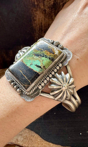 SQAURE FRAMED LANDSCAPE Turquoise Silver Navajo Cuff • 56g