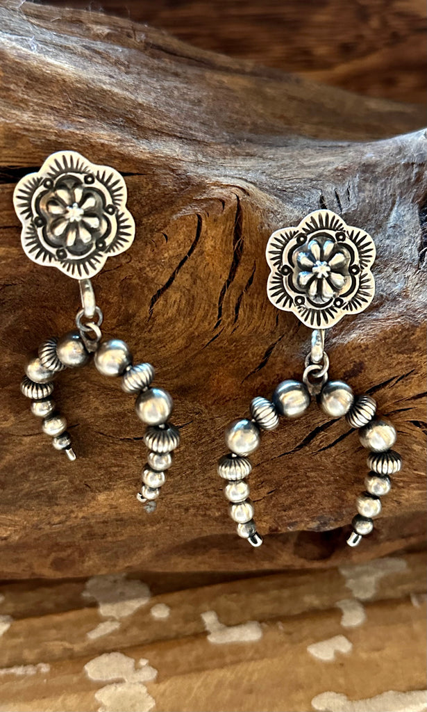 SILVER BEADED NAJAS Statement Dangle Earrings, Navajo Made