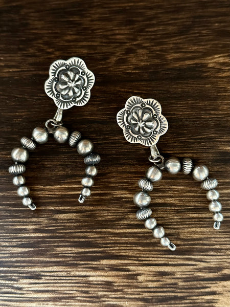 SILVER BEADED NAJAS Statement Dangle Earrings, Navajo Made