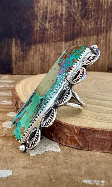 TIA LONG RECTANGLE Statement Turquoise Sterling Silver Ring • Adjustable Size