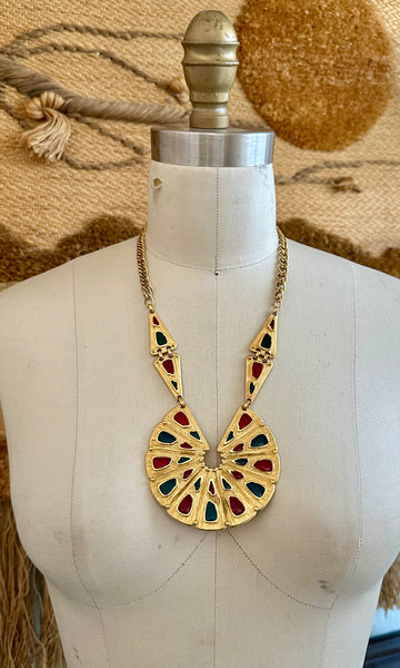 TRIFARI VINTAGE GLASS Palette Large Statement Gold Necklace