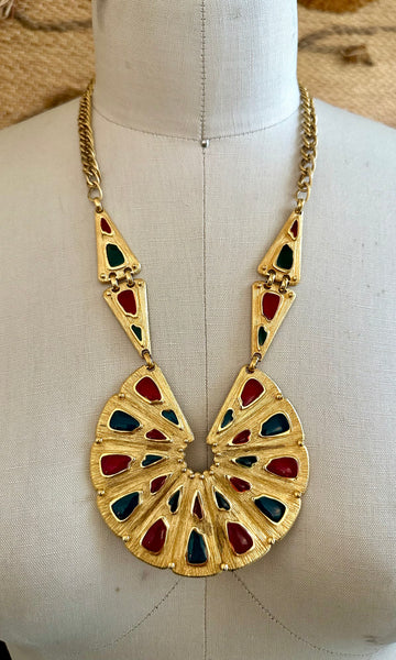 TRIFARI VINTAGE GLASS Palette Large Statement Gold Necklace