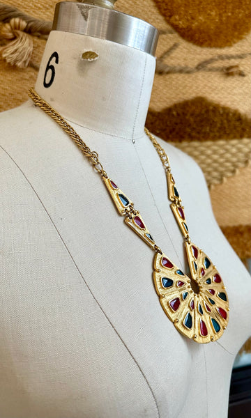 TRIFARI VINTAGE GLASS Palette Large Statement Gold Necklace