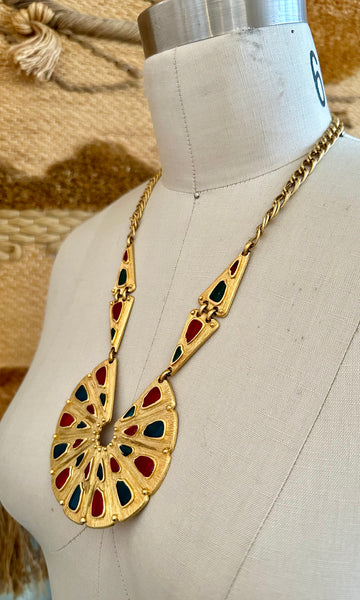 TRIFARI VINTAGE GLASS Palette Large Statement Gold Necklace