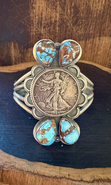 LIBERTY 1/2 DOLLAR COIN Turquoise & Silver Navajo Cuff • 78g