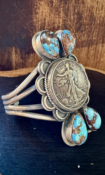 LIBERTY 1/2 DOLLAR COIN Turquoise & Silver Navajo Cuff • 78g