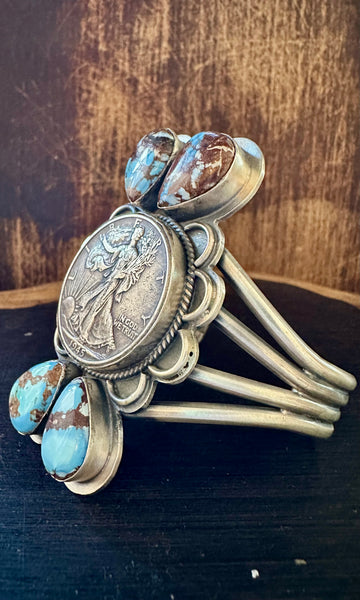 LIBERTY 1/2 DOLLAR COIN Turquoise & Silver Navajo Cuff • 78g