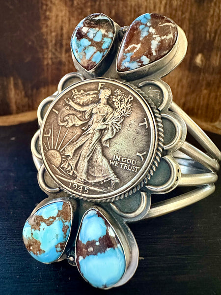 LIBERTY 1/2 DOLLAR COIN Turquoise & Silver Navajo Cuff • 78g