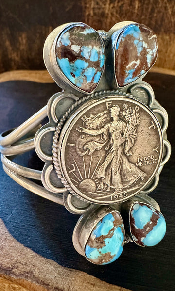 LIBERTY 1/2 DOLLAR COIN Turquoise & Silver Navajo Cuff • 78g