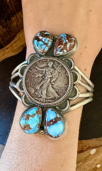 LIBERTY 1/2 DOLLAR COIN Turquoise & Silver Navajo Cuff • 78g