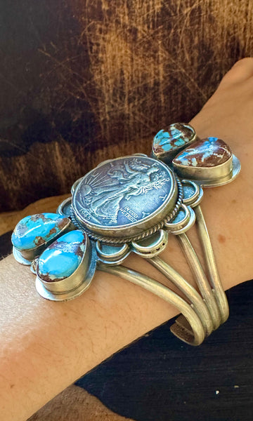 LIBERTY 1/2 DOLLAR COIN Turquoise & Silver Navajo Cuff • 78g