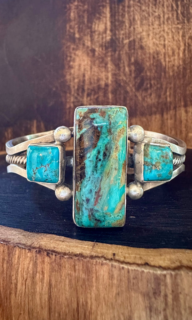 TURQUOISE TETRIS TRIO Sterling Silver Navajo Cuff • 48g