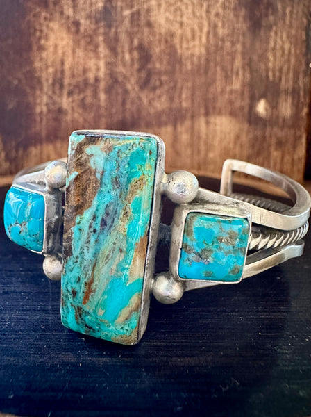 TURQUOISE TETRIS TRIO Sterling Silver Navajo Cuff • 48g
