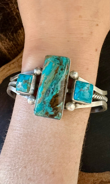 TURQUOISE TETRIS TRIO Sterling Silver Navajo Cuff • 48g