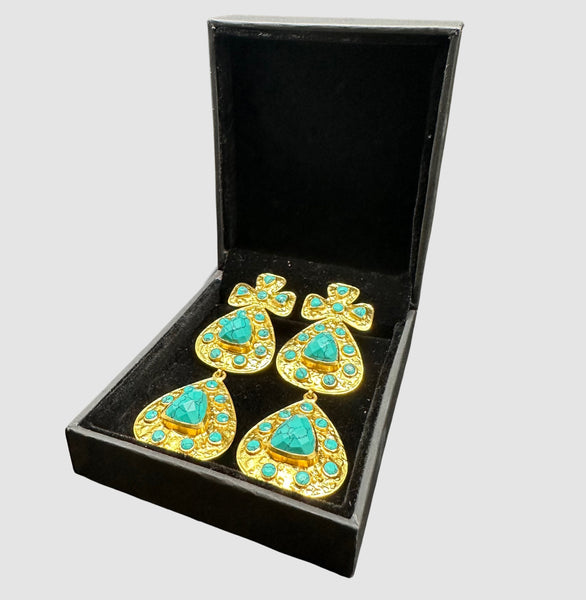 VALÉRE Vintage 80s Gold Plated Earrings w/ Turquoise Color Stones Clip- On Dangle Earrings  w/ Box