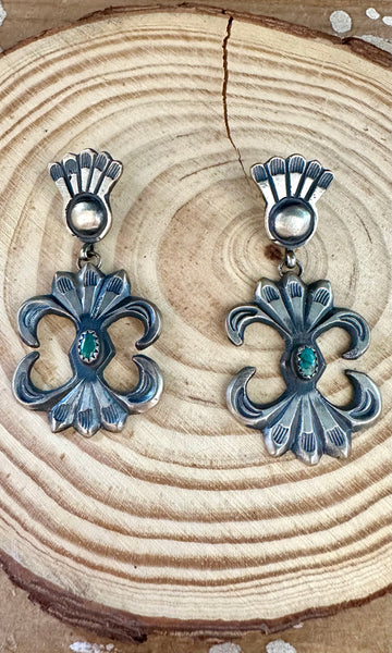 MARTHA CAYATINE NAVAJO Sterling Silver & Turquoise Stud Dangle Earrings