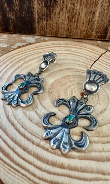 MARTHA CAYATINE NAVAJO Sterling Silver & Turquoise Stud Dangle Earrings