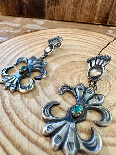 MARTHA CAYATINE NAVAJO Sterling Silver & Turquoise Stud Dangle Earrings