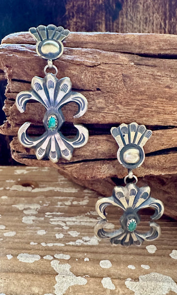 MARTHA CAYATINE NAVAJO Sterling Silver & Turquoise Stud Dangle Earrings