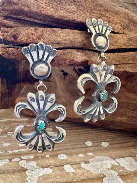MARTHA CAYATINE NAVAJO Sterling Silver & Turquoise Stud Dangle Earrings