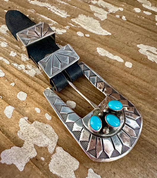 TRES AMIGOS Ranger Belt Buckle, 42g Sterling Silver and Turquoise