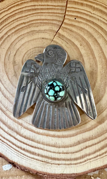 WHIRLING LOG 1930s Silver and Turquoise Thunderbird Brooch • Fred Harvey Era