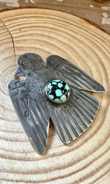 WHIRLING LOG 1930s Silver and Turquoise Thunderbird Brooch • Fred Harvey Era