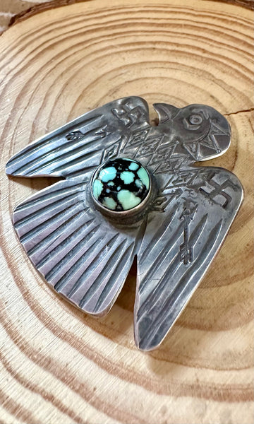 WHIRLING LOG 1930s Silver and Turquoise Thunderbird Brooch • Fred Harvey Era