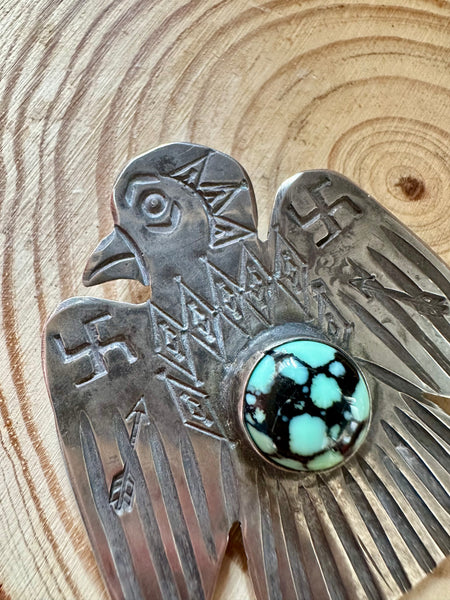 WHIRLING LOG 1930s Silver and Turquoise Thunderbird Brooch • Fred Harvey Era