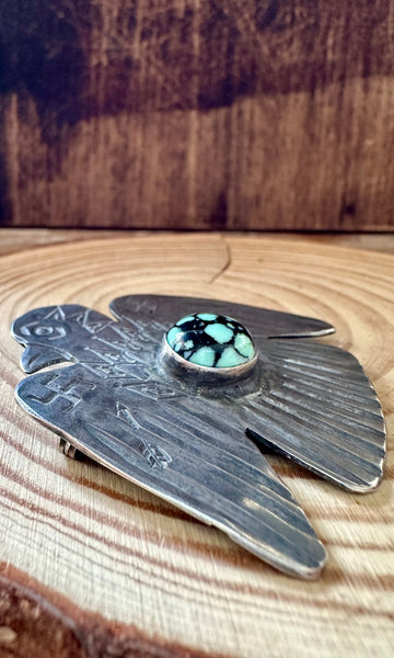 WHIRLING LOG 1930s Silver and Turquoise Thunderbird Brooch • Fred Harvey Era