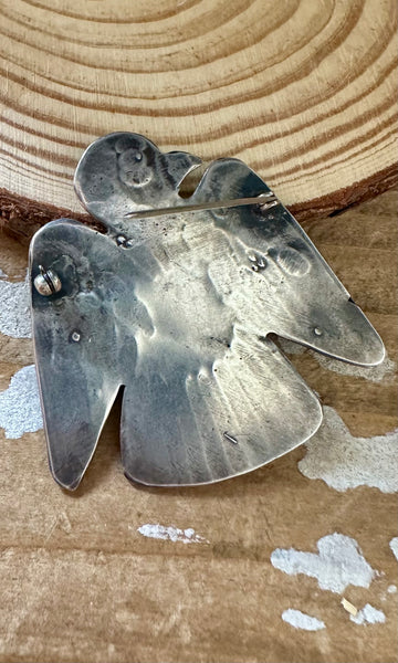 WHIRLING LOG 1930s Silver and Turquoise Thunderbird Brooch • Fred Harvey Era