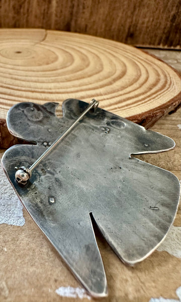 WHIRLING LOG 1930s Silver and Turquoise Thunderbird Brooch • Fred Harvey Era