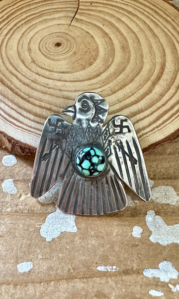 WHIRLING LOG 1930s Silver and Turquoise Thunderbird Brooch • Fred Harvey Era