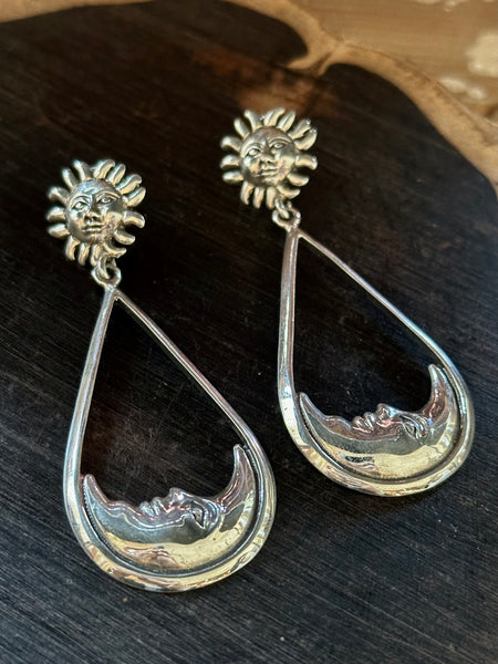 SUN AND MOON Statement Dangle Hoop Earrings, Sterling Silver