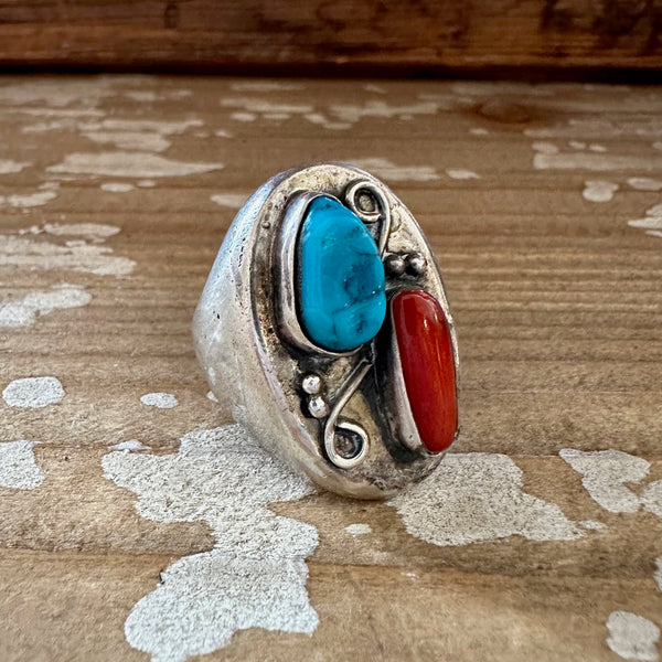 STEPPING STONES Vintage Handmade Men's Ring Sterling Silver, Turquoise, Coral • Size 9 1/2