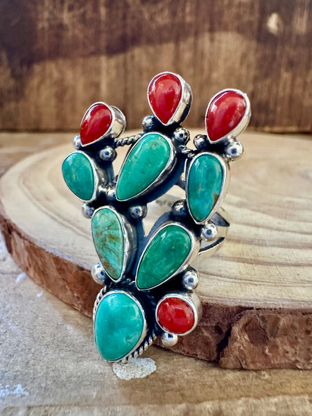 CURIOUS CACTUS Turquoise Coral and Sterling Silver Ring • Size 8 3/4
