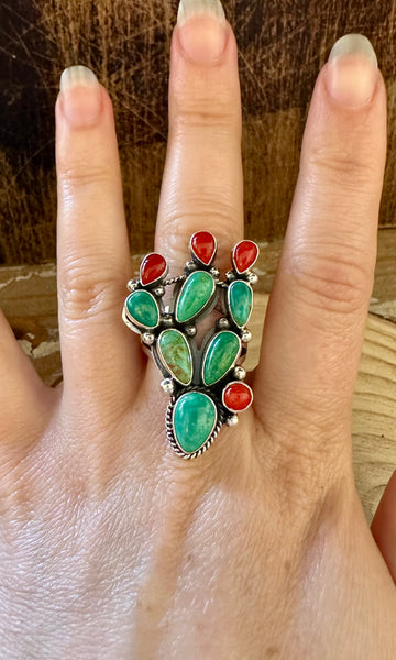 CURIOUS CACTUS Turquoise Coral and Sterling Silver Ring • Size 8 3/4