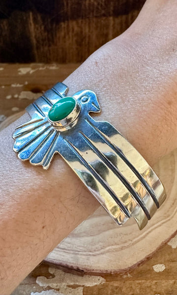 GREEN THUNDERBIRD Sterling Silver & Turquoise Large Cuff