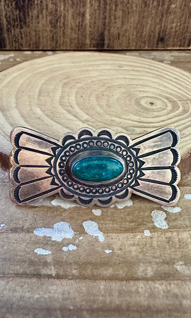 SAND CAST Vintage 70s Sterling Silver & Green Turquoise Brooch