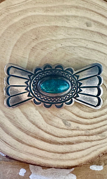 SAND CAST Vintage 70s Sterling Silver & Green Turquoise Brooch