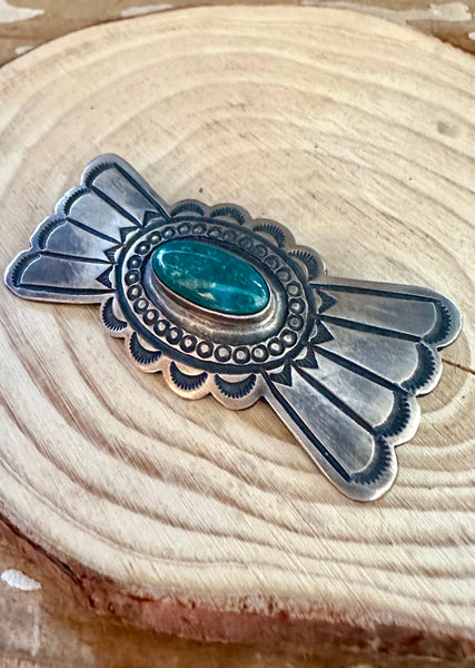 SAND CAST Vintage 70s Sterling Silver & Green Turquoise Brooch