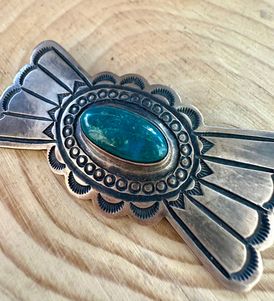 SAND CAST Vintage 70s Sterling Silver & Green Turquoise Brooch